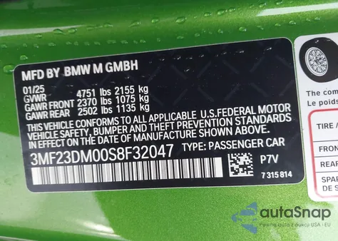 2025 BMW M2 из США, поврежденный, VIN 3MF23DM00S8F32047